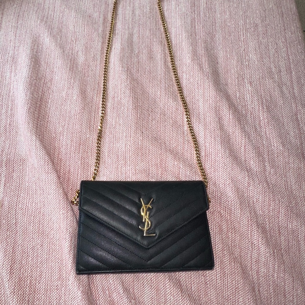 Saint Laurent Cassandra Envelope Chain Wallet in Poudre Leather
